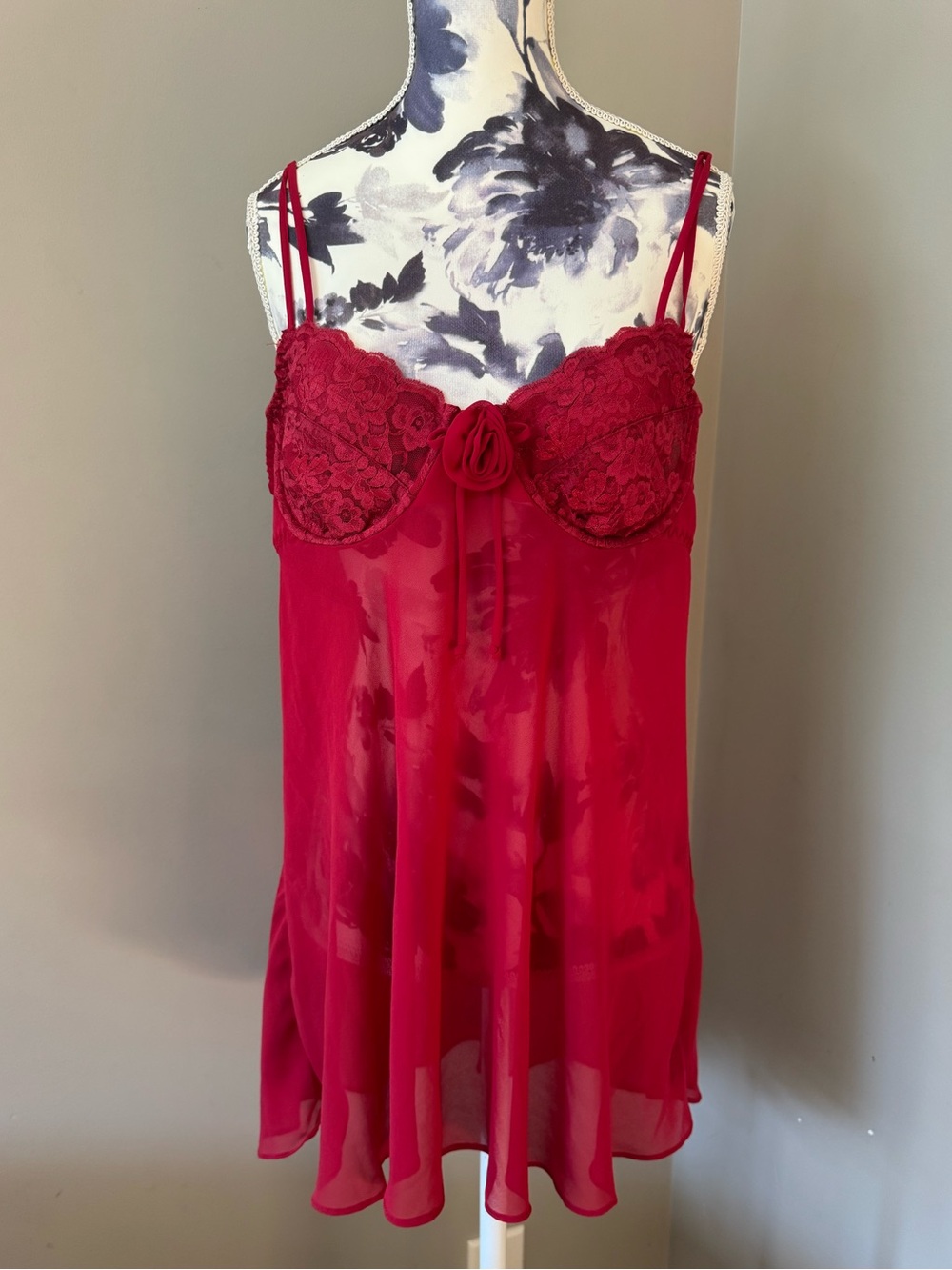 Y2K Seduction Wear Red Lace & Chiffon Chemise with Rosette Accent